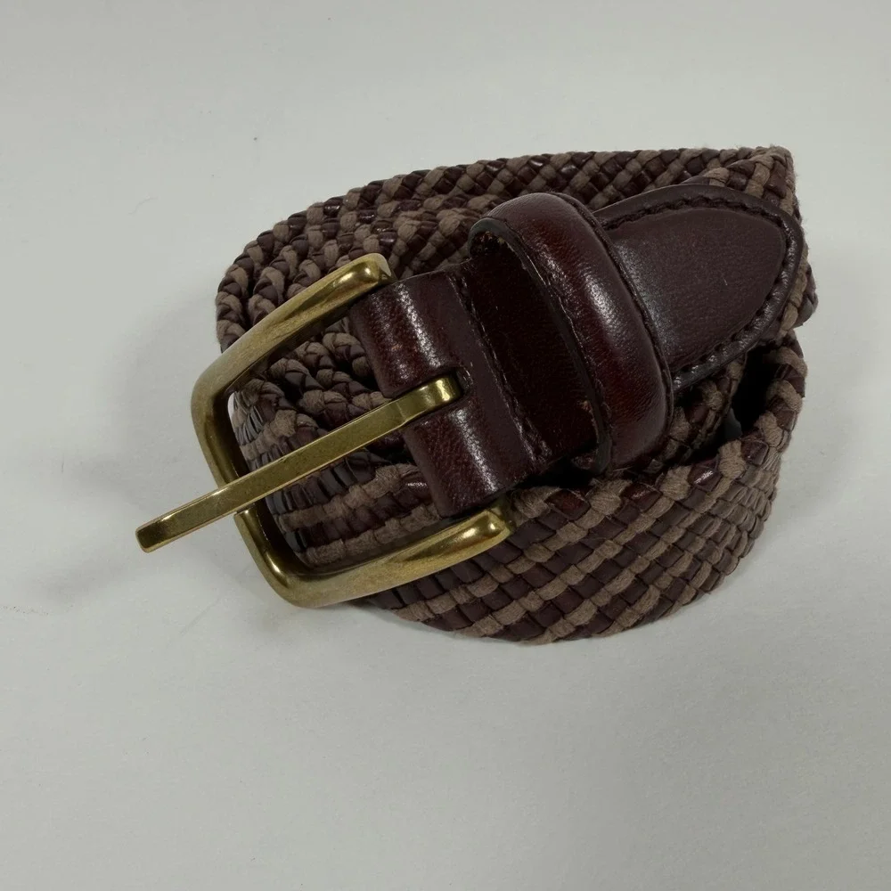 Brooks Brothers Mens Woven Leather Fabric Belt Size 36 Brown Tan Brass Buckle